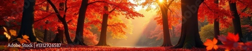 Autumn forest canopy, vibrant red and gold leaves, nature, serene