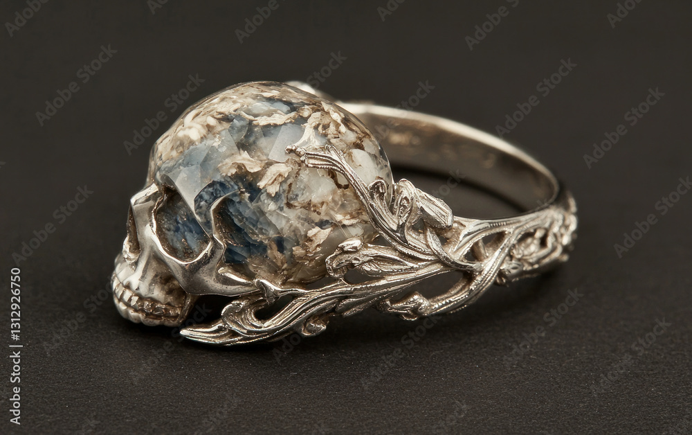 Naklejka premium Silver Skull Ring with Intricate Leaf Detailing and Mottled Blue-Gray Stone