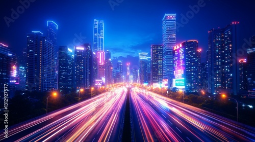 A night cityscape with bright buildings and flowing traffic lights