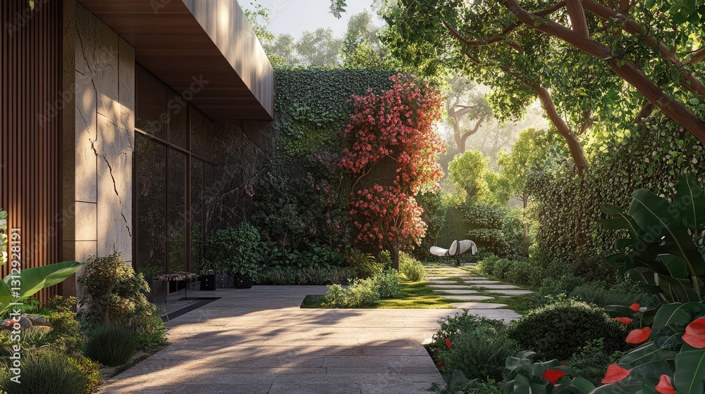 Fototapeta premium Modern House with Lush Greenery and Stone Patio Peaceful Backyard Oasis