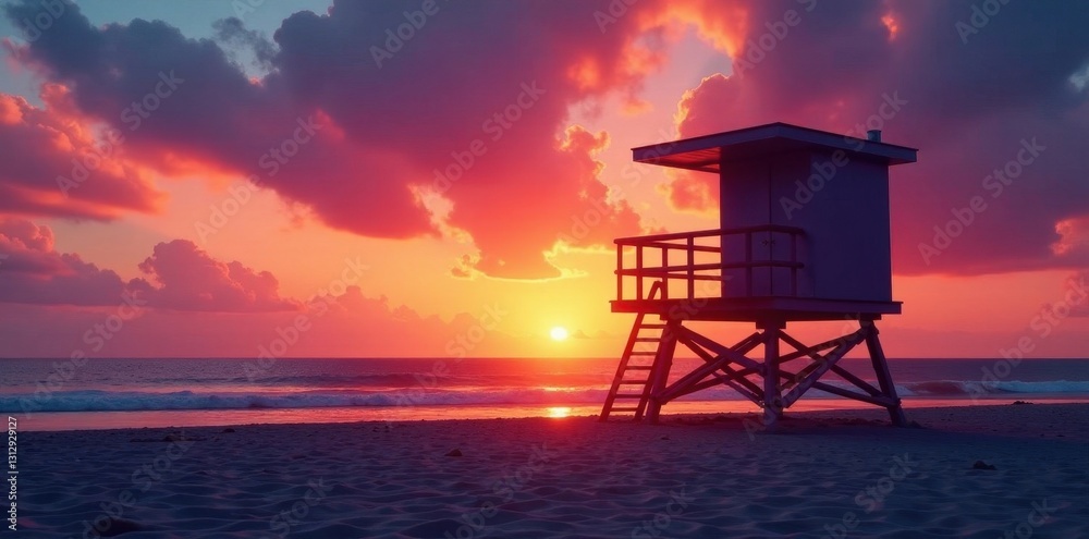 Elevated lifeguard stand silhouetted against vibrant sunset sky , horizon, color, red Elevated lifeguard stand silhouetted against vibrant sunset sky , horizon, color, red
