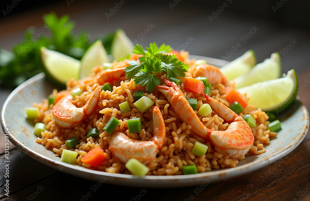 A sizzling plate of Thai style fried rice with crab meat lime wedges and fresh cucumber slices A sizzling plate of Thai style fried rice with crab meat lime wedges and fresh cucumber slices