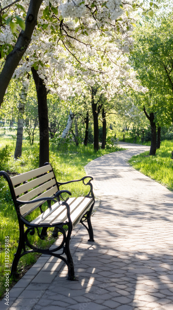 Wooden bench standing on a paved path in a park with blooming trees, creating a peaceful and inviting atmosphere Wooden bench standing on a paved path in a park with blooming trees, creating a peaceful and inviting atmosphere