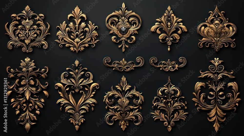Elegant Golden Damask Ornaments on Black Background for Decorative Design Elements