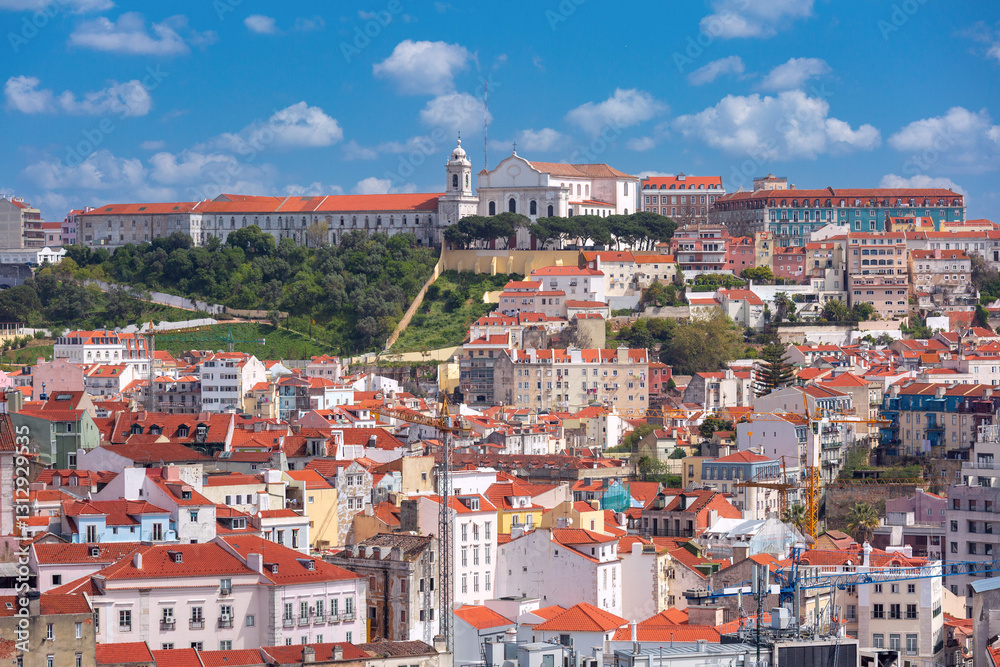 A panoramic view of San Vicente de Fora Monastery in Lisbon, Portugal, located on a hilltop overlooking the city