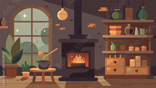The gentle aroma of a woodburning stove adding to the cozy and inviting atmosphere of the workshop.. Vector illustration