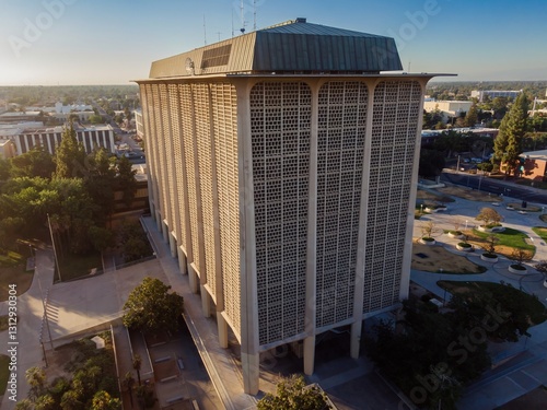 Aerial view of the Fresno County Plaza Building in Fresno, California, USA. The building is a landmark and serves as the county's administrative center. Fresno County Superior Court photo