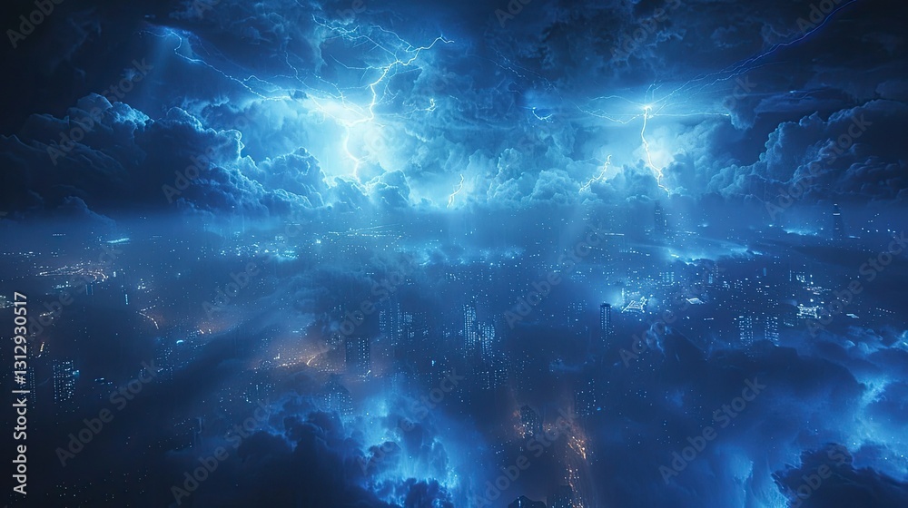 Fototapeta premium A dramatic, illuminated sky with thunder and clouds over a cityscape at night.