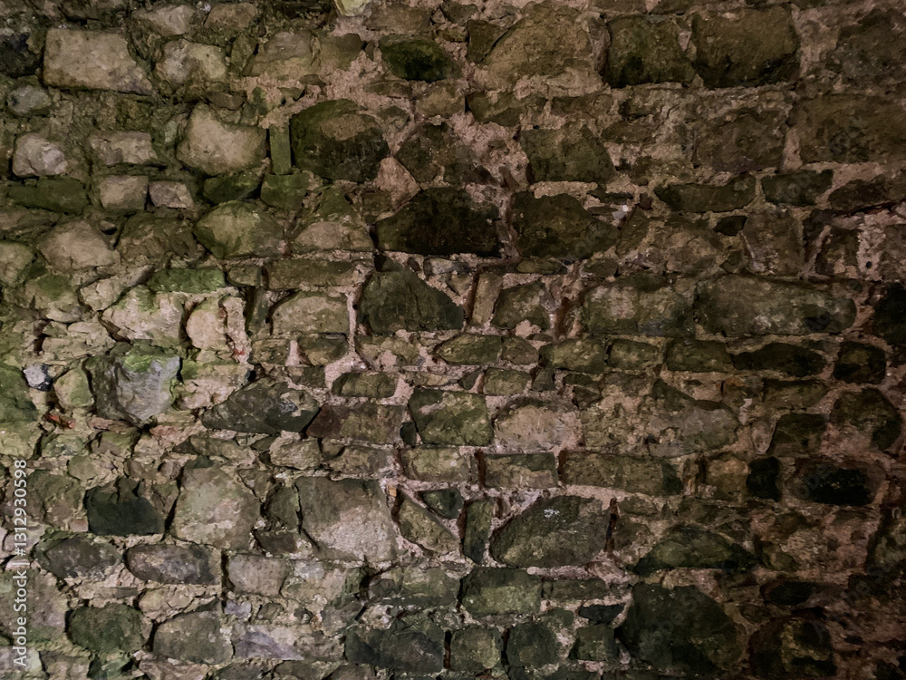 Old moss-covered stone wall with rough texture and weathered appearance. Dark and aged masonry with green moss growth. Ideal for backgrounds, textures, and historical themes. Old moss-covered stone wall with rough texture and weathered appearance. Dark and aged masonry with green moss growth. Ideal for backgrounds, textures, and historical themes.