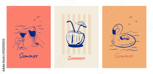 Summer poster, background, card. Hand-drawn minimalistic vector illustration. Doodle with a coconut drink, hands with glasses on the background of the sea, flamingos.