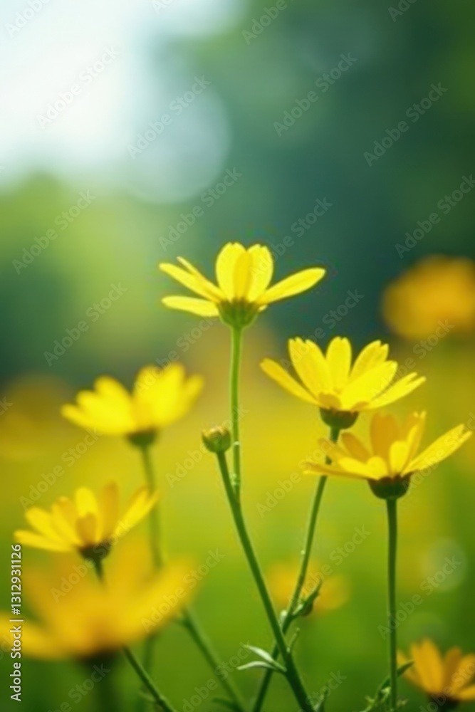 Fototapeta premium Blurred yellow wildflowers, sunny day, soft focus , nature, design, bokeh