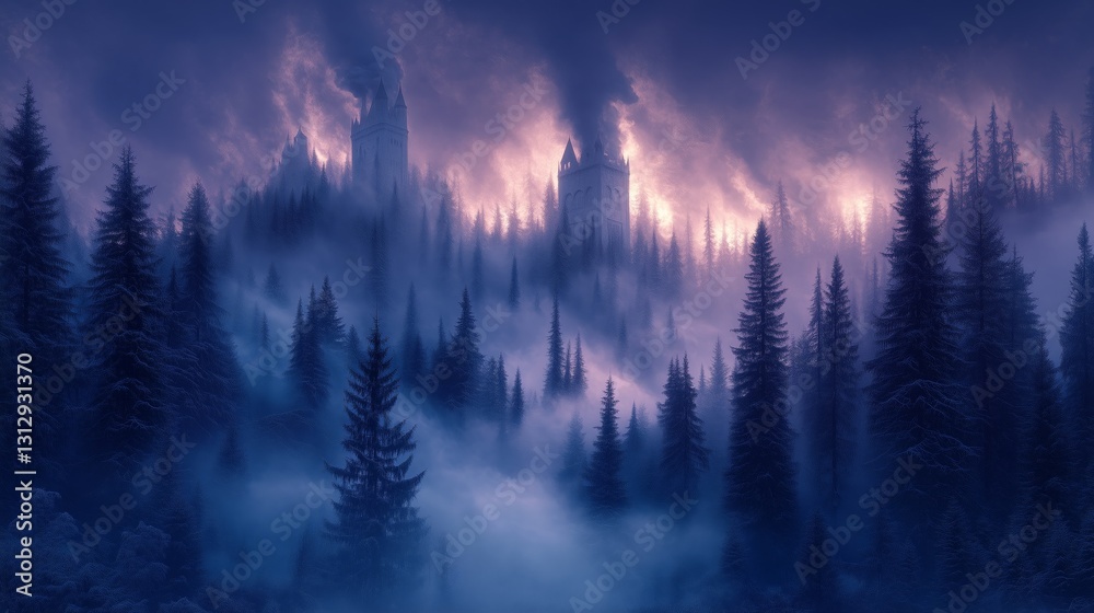 Obraz premium Misty Forest with a White Tower Emitting Steam