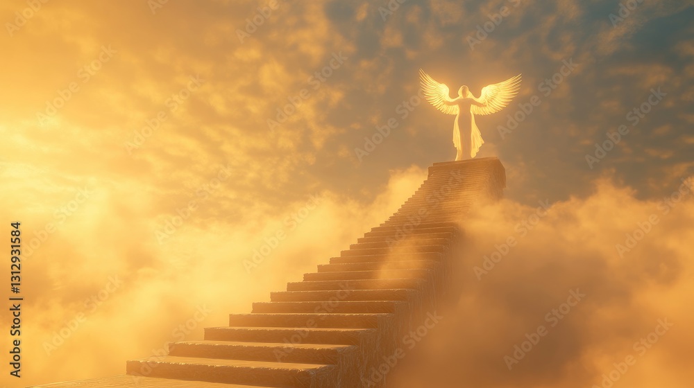Ethereal Staircase Leading to a Celestial Being with Wings Surrounded by Dreamlike Clouds and Soft Golden Light Ethereal Staircase Leading to a Celestial Being with Wings Surrounded by Dreamlike Clouds and Soft Golden Light