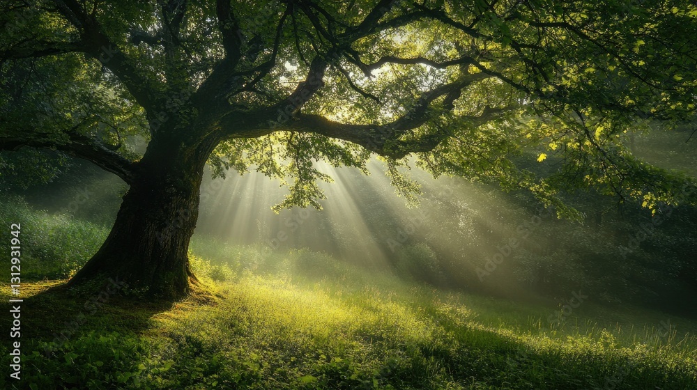 Naklejka premium Majestic Ancient Tree Bathed in Sunlight A Serene Forest Scene