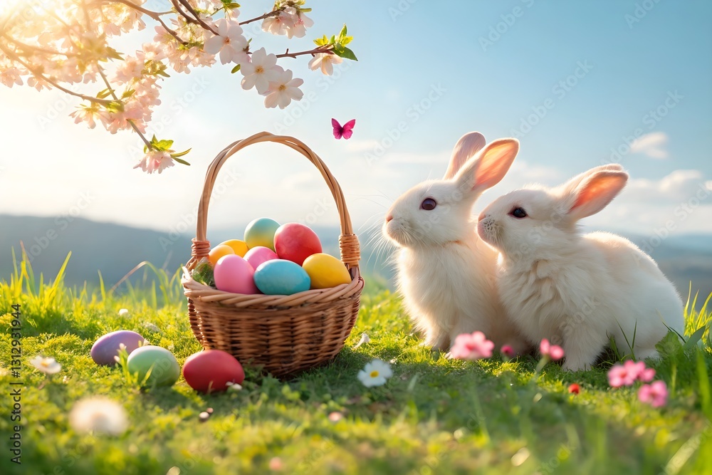 Fototapeta premium Two cute rabbits sit beside a basket of colorful eggs in a sunny spring meadow, celebrating Easter.