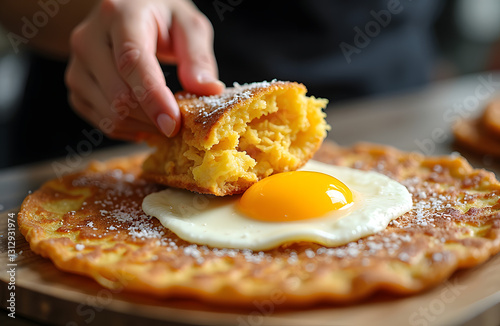 A vendor preparing Thai crispy pancakes Khanom Buang filled with sweet coconut cream and shredded egg yolk photo