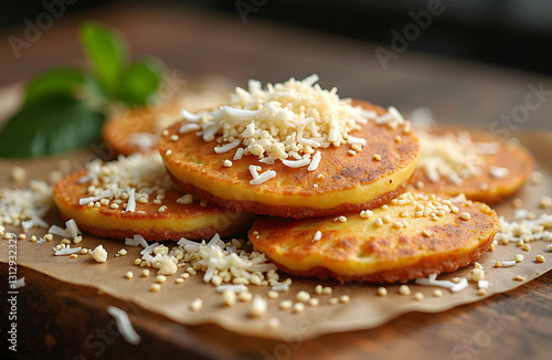 A vendor selling Thai coconut pancakes topped with shredded coconut and sesame seeds