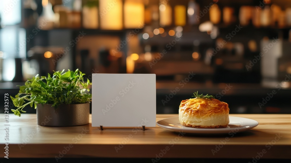 Fototapeta premium Fresh chicken pot pie placed on a sleek cafe counter, with a blank white sign next to it, ready for menu updates or daily specials.