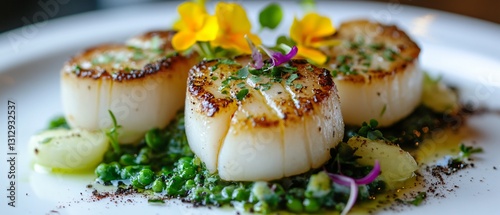 Fresh Scallops and Kohlrabi on White Plate - Culinary Concept