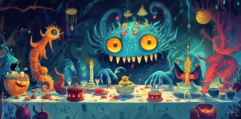 Obraz premium A fantastic dinner party with strange monsters and creatures