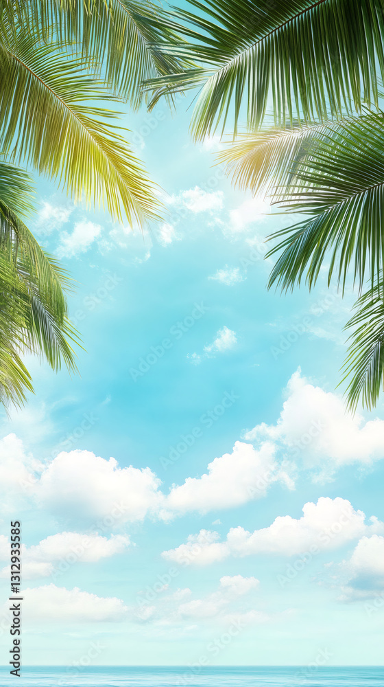 Fototapeta premium Lush palm trees bordering azure sky, fluffy clouds hovering above serene turquoise ocean, embodying relaxing tropical getaway