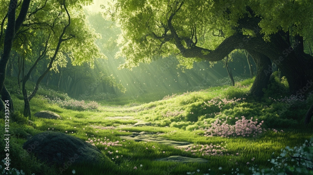 Fototapeta premium Sunlit Path Through a Magical Green Forest with Blooming Flowers and Lush Greenery