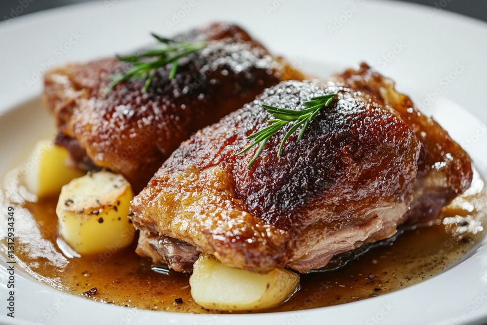 Classic French duck confit with crispy skin and potato garnish Classic French duck confit with crispy skin and potato garnish