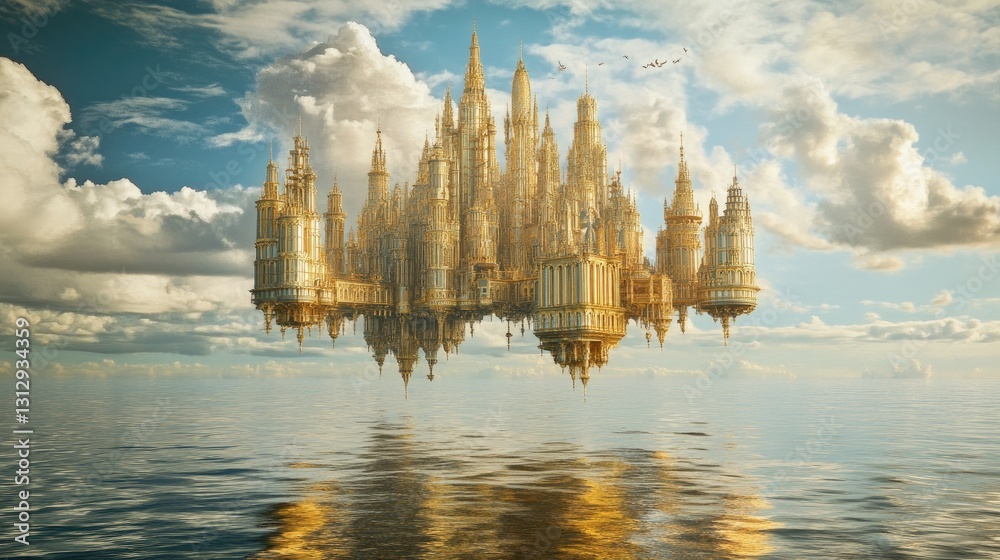 Fototapeta premium Ethereal Golden City Floating Above Calm Ocean Under Bright Blue Sky with Fluffy Clouds