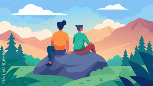 Two hikers taking a break on a large boulder savoring the peacefulness of being surrounded by nature without any distractions.. Vector illustration