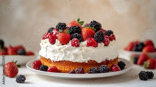 Professional Image of Small Appetizing Cake Covered with Berries on White Background