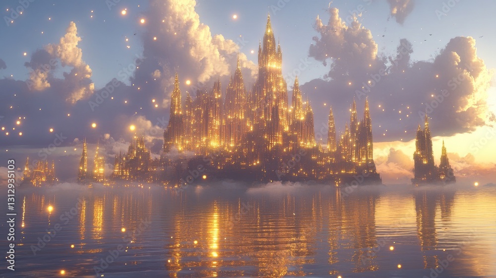 Obraz premium Dreamlike Fantasy Castle with Golden Glow Reflected in Calm Water Under Magical Twilight Sky