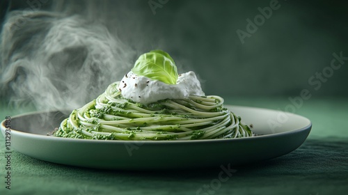 Professional image of a dish with spaghetti, cavolo nero pesto, and goat curd for culinary, food, and restaurant purposes