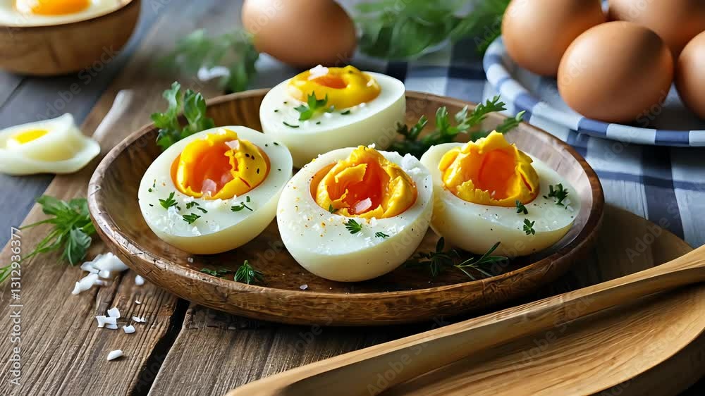 Freshly boiled eggs cut in halves garnished with herbs and served on a wooden plate
