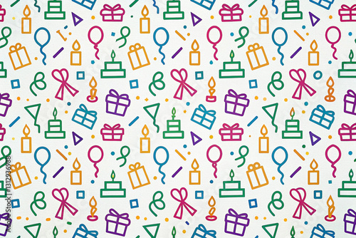 Colorful birthday party seamless pattern with candles, gifts, balloons, and confetti.