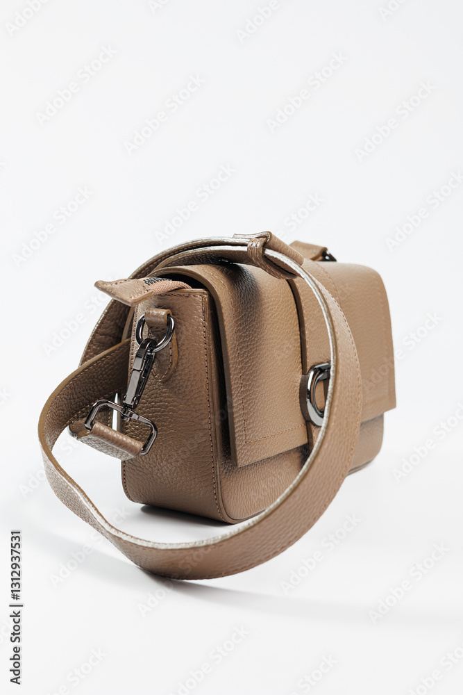 Classic brown leather women's bag on a white background. Women's accessory. Ladies handbag