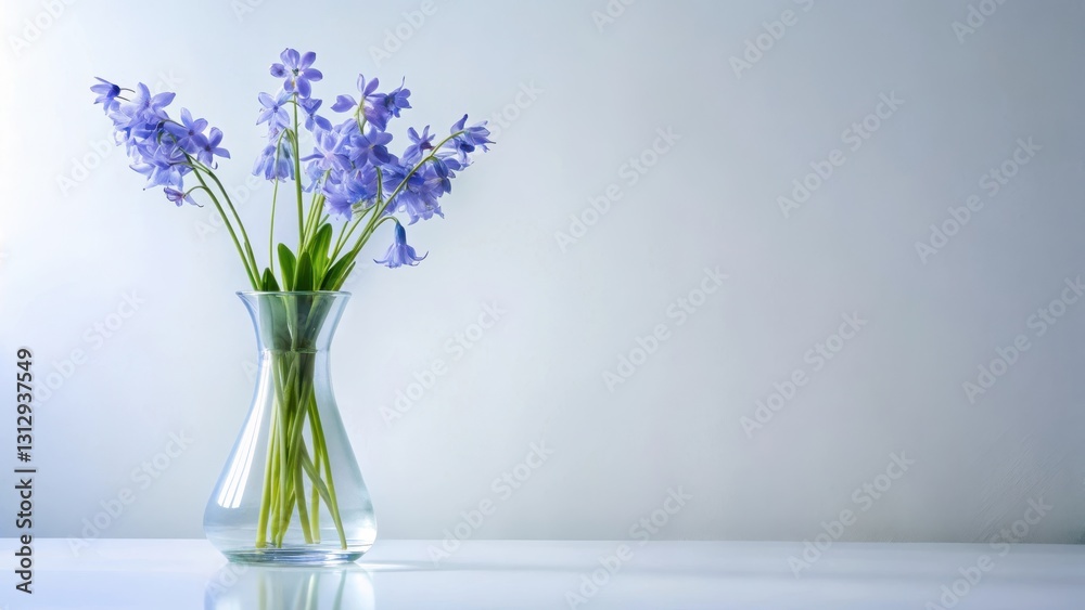 Vibrant bluebell flower in a modern minimalist vase on a white background, with clean lines and subtle lighting effects , botanical illustrations, bluebells Vibrant bluebell flower in a modern minimalist vase on a white background, with clean lines and subtle lighting effects , botanical illustrations, bluebells