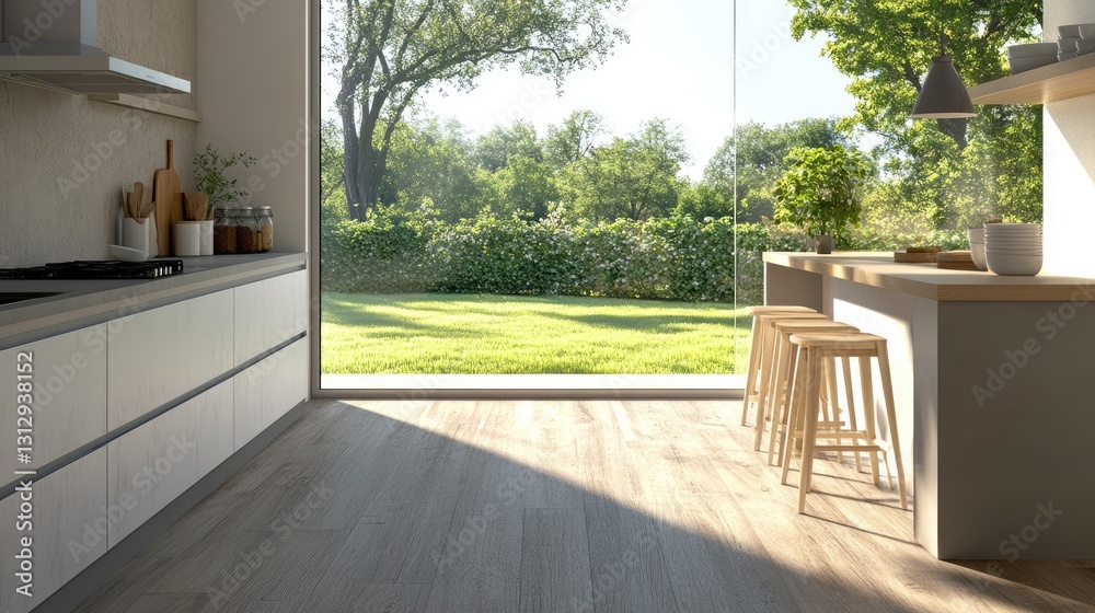 Fototapeta premium A modern kitchen featuring gray seamless cabinets with a matte finish.