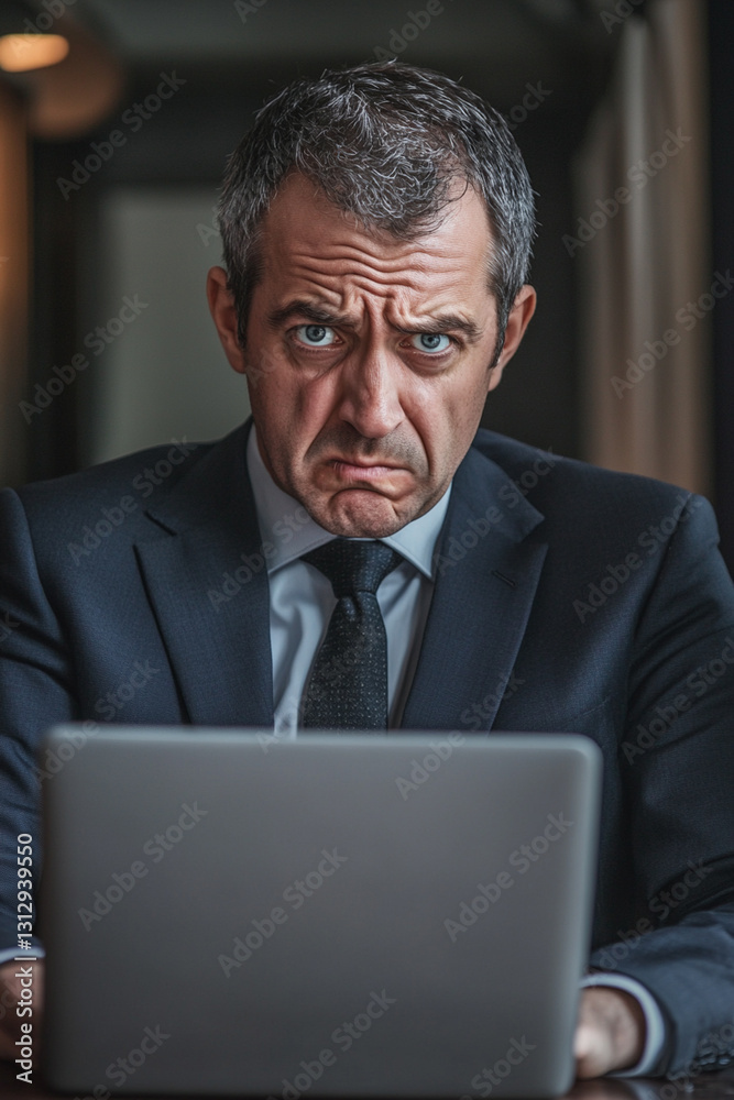 Economic crisis: man in suit sitting at laptop with worried look Economic crisis: man in suit sitting at laptop with worried look