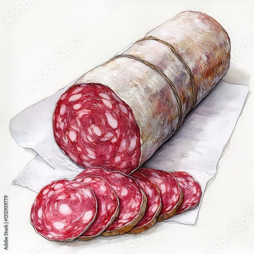 Beautifully detailed watercolor of salami in a soft pastel design.
