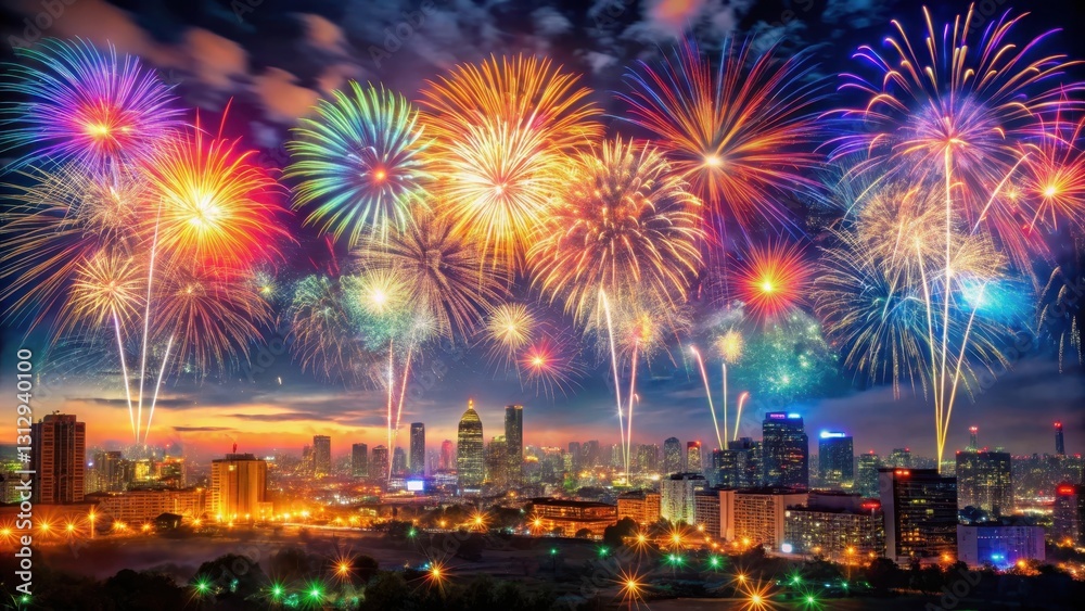 Festive fireworks display over the city at night with colorful explosions in the sky , color, firework, color Festive fireworks display over the city at night with colorful explosions in the sky , color, firework, color