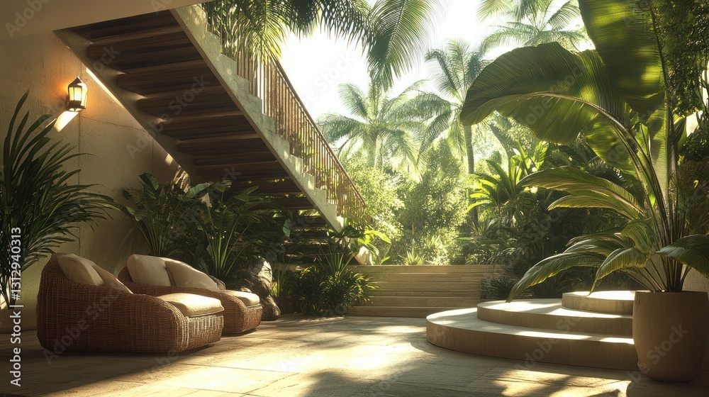 Fototapeta premium Tropical Garden Lounge with Palm Trees and Relaxing Outdoor Seating