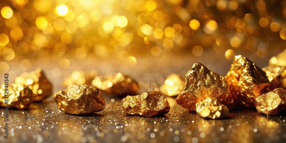 Close-up of gold ore nuggets on a golden background with sparkling crystals and dim soft light , earthy, nugget, earthy Close-up of gold ore nuggets on a golden background with sparkling crystals and dim soft light , earthy, nugget, earthy