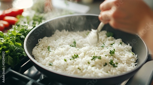 Professional Portrait of Woman Cooking Tasty Rice with Vegetables on Stove