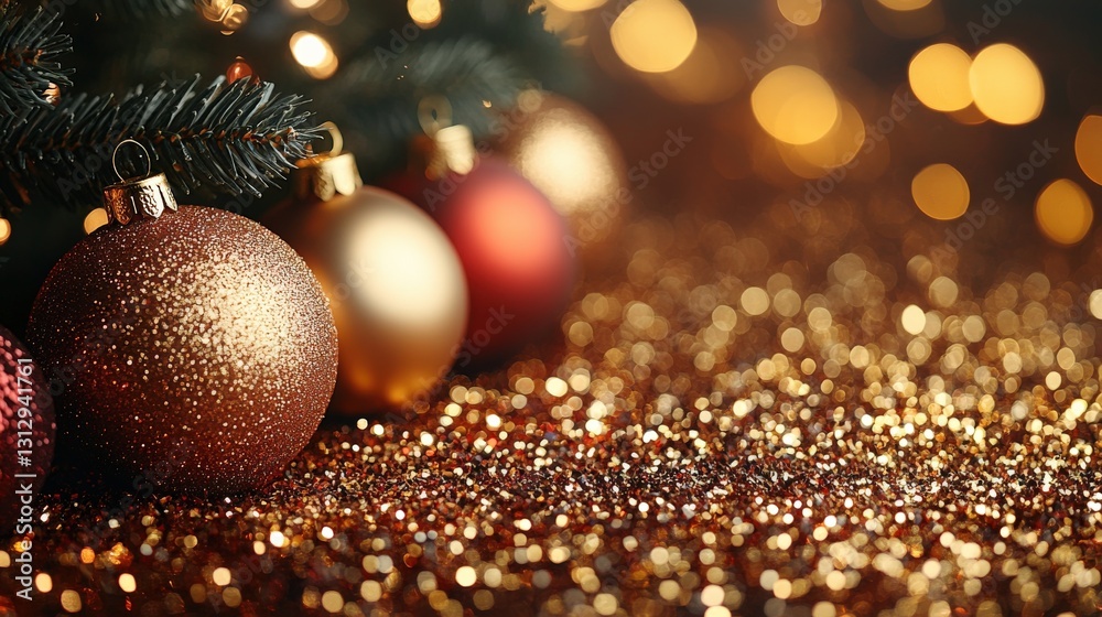 Sparkling Christmas Ornaments and Glittering Background with Soft Bokeh Lights Sparkling Christmas Ornaments and Glittering Background with Soft Bokeh Lights