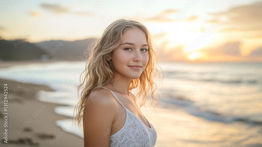 Woman standing by beach at sunset, soft and calm, romantic and peaceful, natural lighting, storytelling and lifestyle photography, high-resolution Woman standing by beach at sunset, soft and calm, romantic and peaceful, natural lighting, storytelling and lifestyle photography, high-resolution
