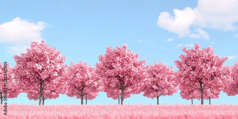 A serene landscape featuring rows of blooming pink trees against a clear blue sky, creating a tranquil and picturesque scene. A serene landscape featuring rows of blooming pink trees against a clear blue sky, creating a tranquil and picturesque scene.