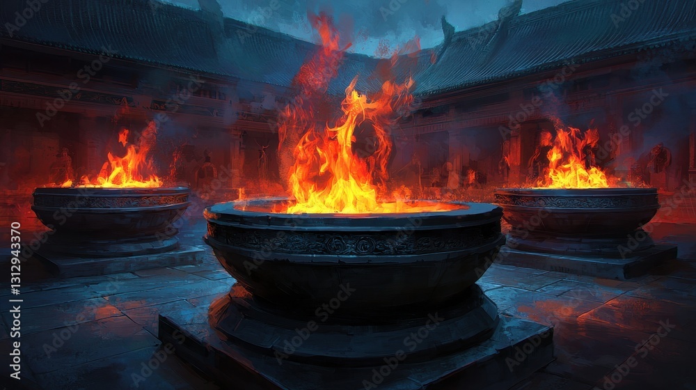 A dramatic scene featuring three fire-filled cauldrons surrounded by a mystical, shadowy environment. A dramatic scene featuring three fire-filled cauldrons surrounded by a mystical, shadowy environment.