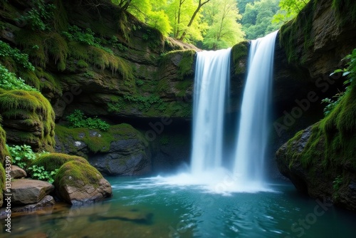 Serene waterfall cascading over moss-covered rocks , ecosystem, color, high-resolution