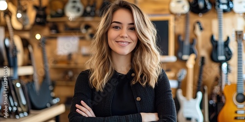 friendly female entrepreneur standing in music instrument store 