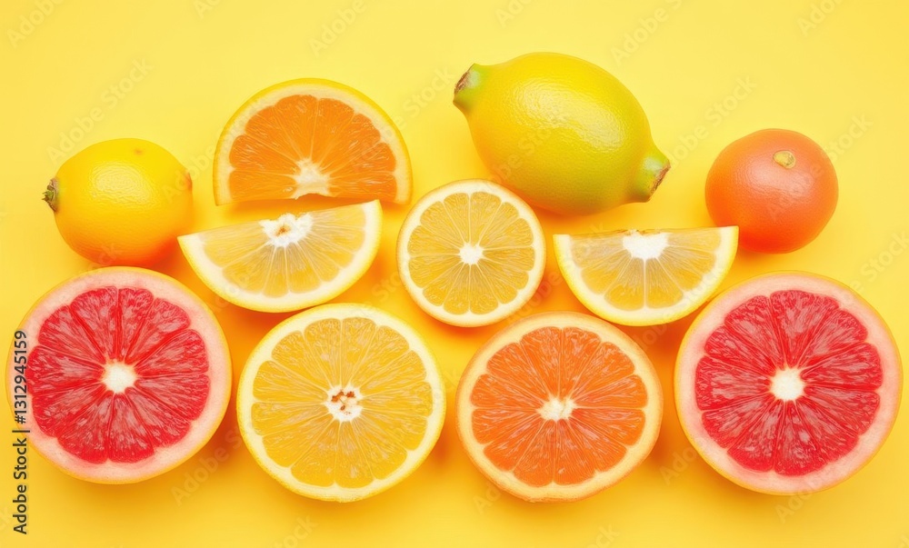 Colorful citrus fruits on yellow background Colorful citrus fruits on yellow background
